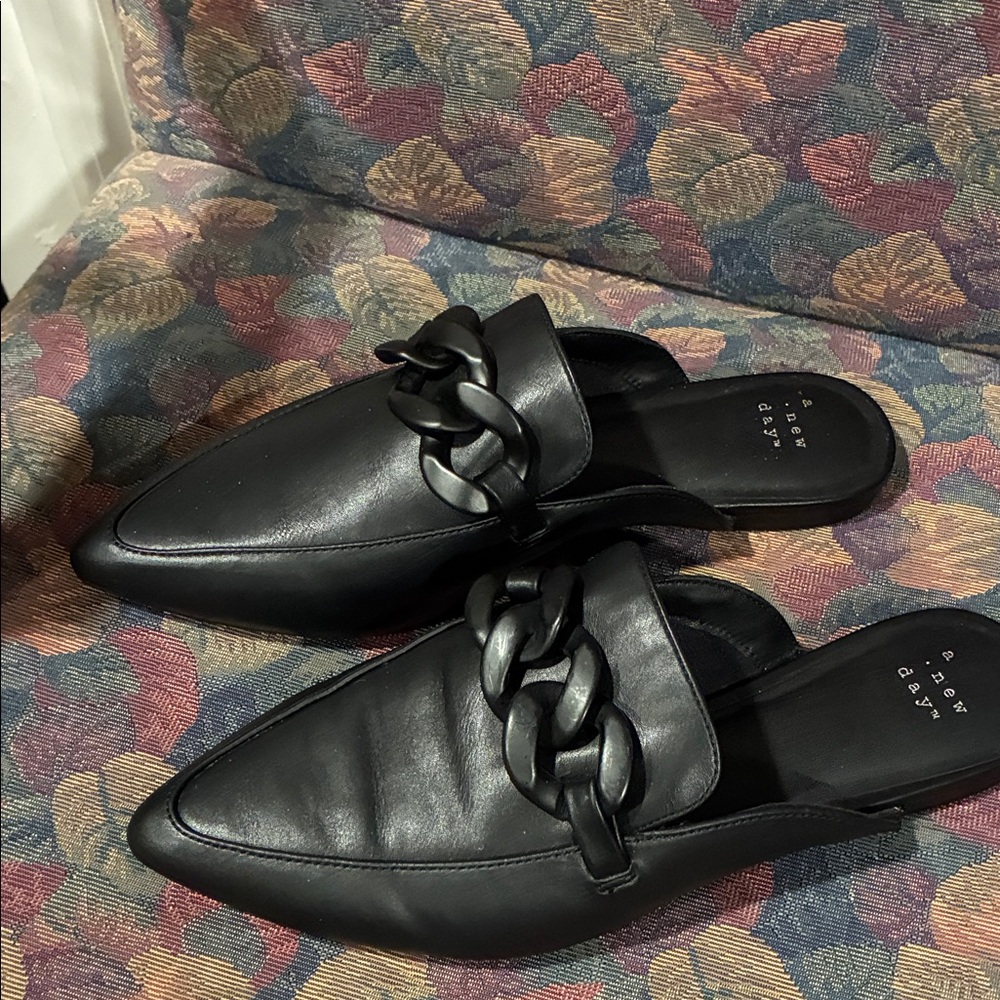 a new day Black Pointed Chain-Trim Leather Mules